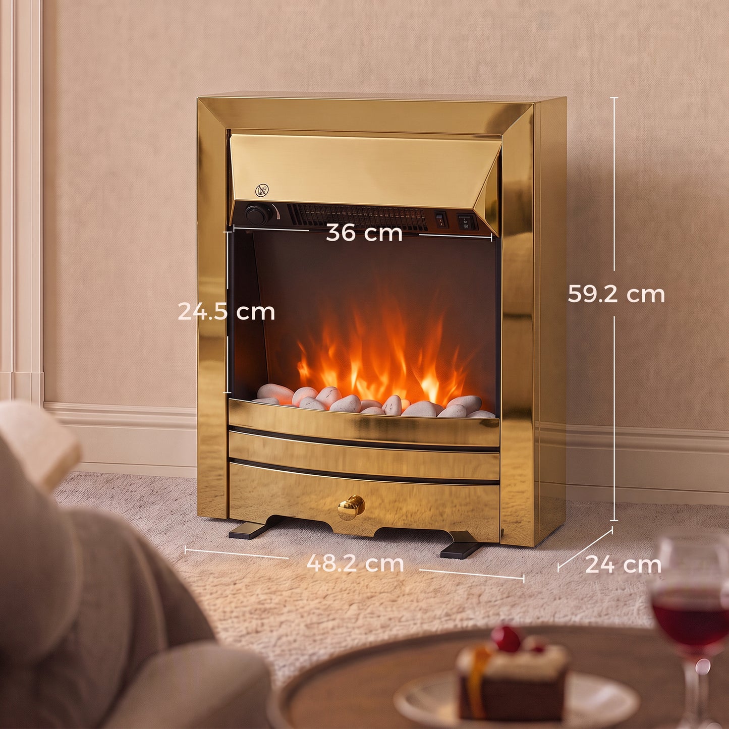 HOMCOM Electric Fireplace Stove Freestanding/Inset, 2000W, Electric Fire with LED Flame, Pebbles, Adjustable Thermostat, Gold