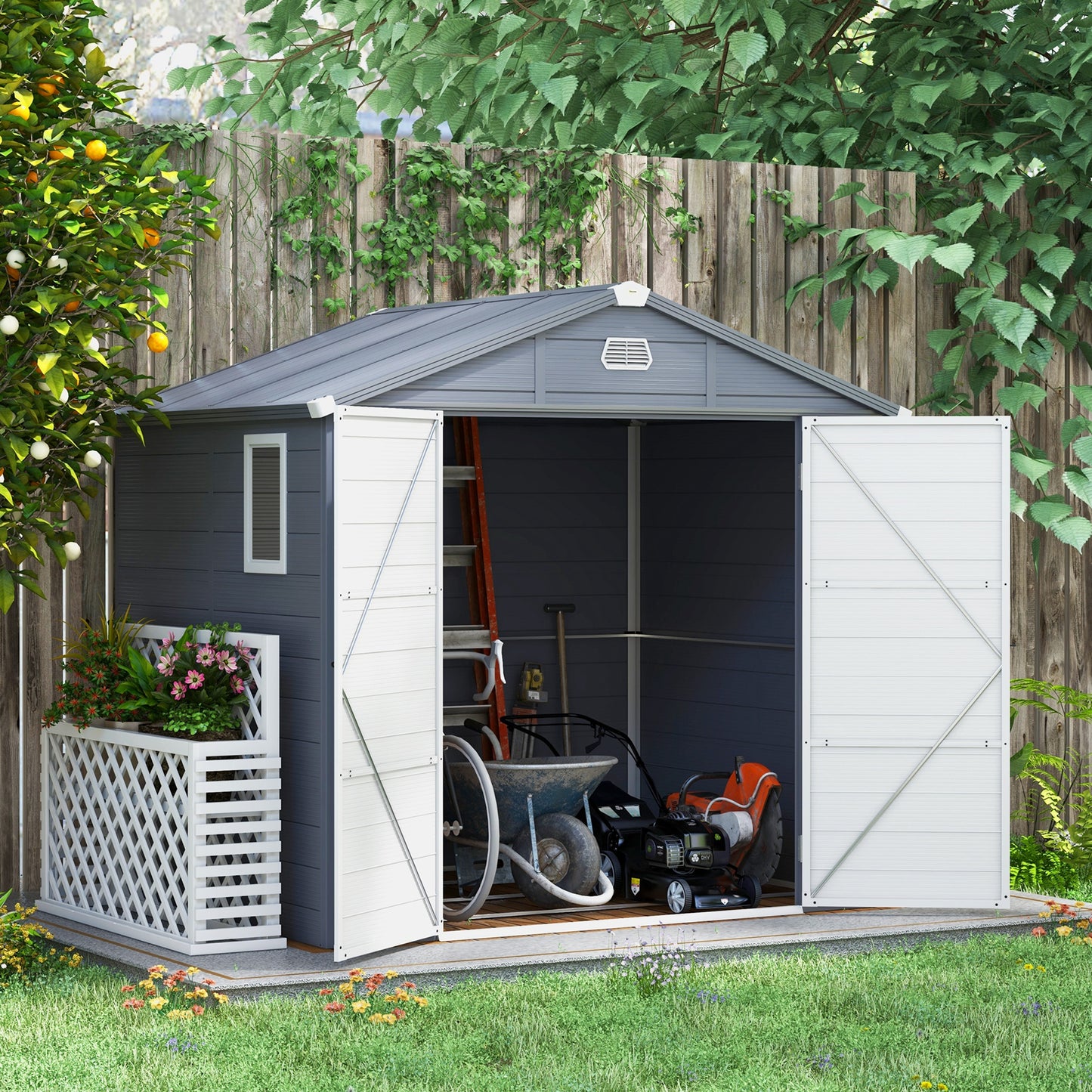 Outsunny 8 x 6ft Plastic Garden Storage Shed with Foundation Kit, Polypropylene Outdoor Storage Tool House with Ventilation Slots and Lockable Door, Grey