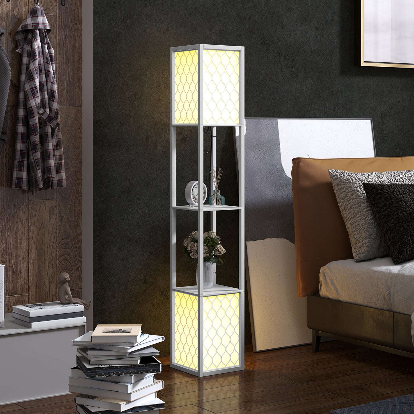 HOMCOM Floor Lamp with Shelves, Dual Light, Modern Tall Standing Lamps, with Pull Chain Switch (Bulb not Included), White