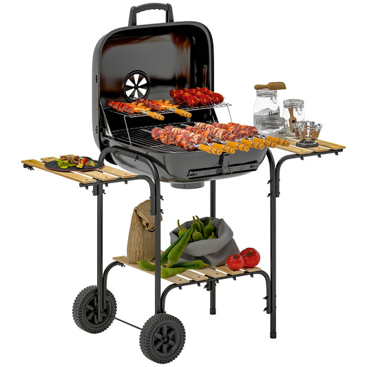 Outsunny Charcoal Portable BBQ Grill, 1840 cm² Cooking Area, 3 Shelves, Adjustable Vent, Lockable Lid, Wheels for Outdoor Cooking, Black