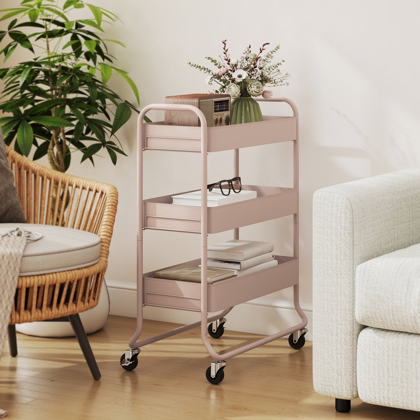HOMCOM 3-Tier Storage Trolley on Wheels, Rolling Utility Cart with Mesh Backets for Kitchen, Bathroom, Bedroom, Light Pink