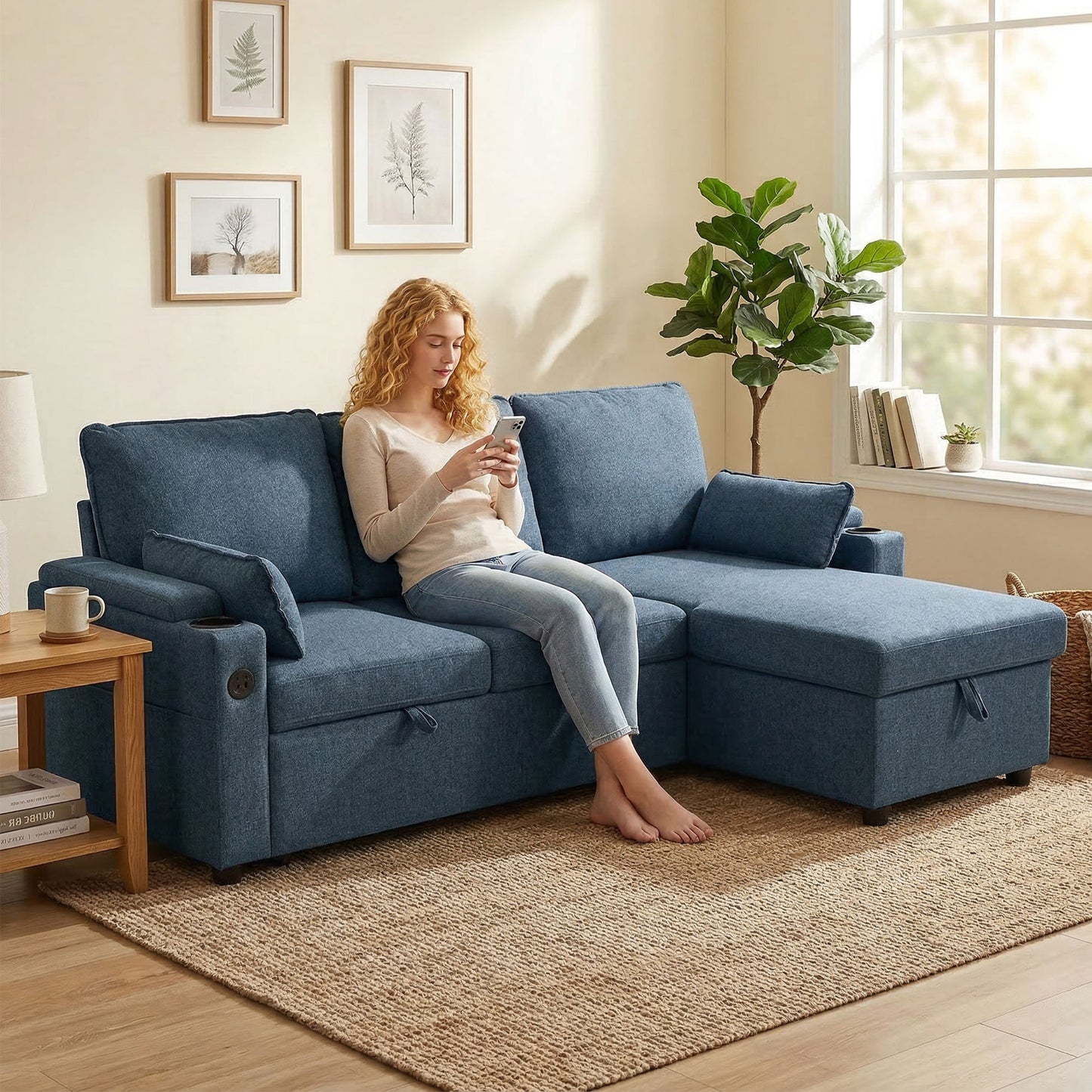HOMCOM Corner Sofa Bed, L Shaped Sleeper Sectional Sofa with Reversible Storage Chaise, Blue