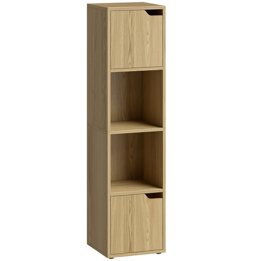 HOMCOM Narrow Bookcase, 4-Tier Bookshelf, Storage Cabinet with doors for Living Room, Bedroom, Oak