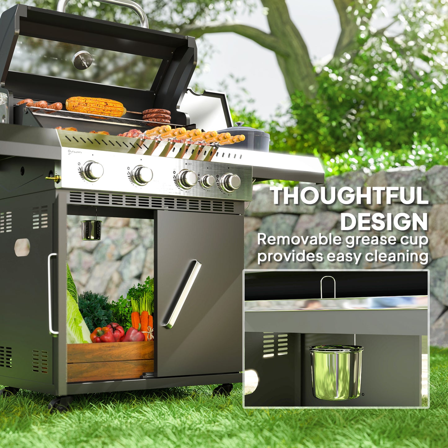 Outsunny 4+1 Burner Gas BBQ Grill, Clear View Lid, Thermometer, Side Table, Cabinet, Wheels, Grease Tray, Garden Outdoor Cooking, Black
