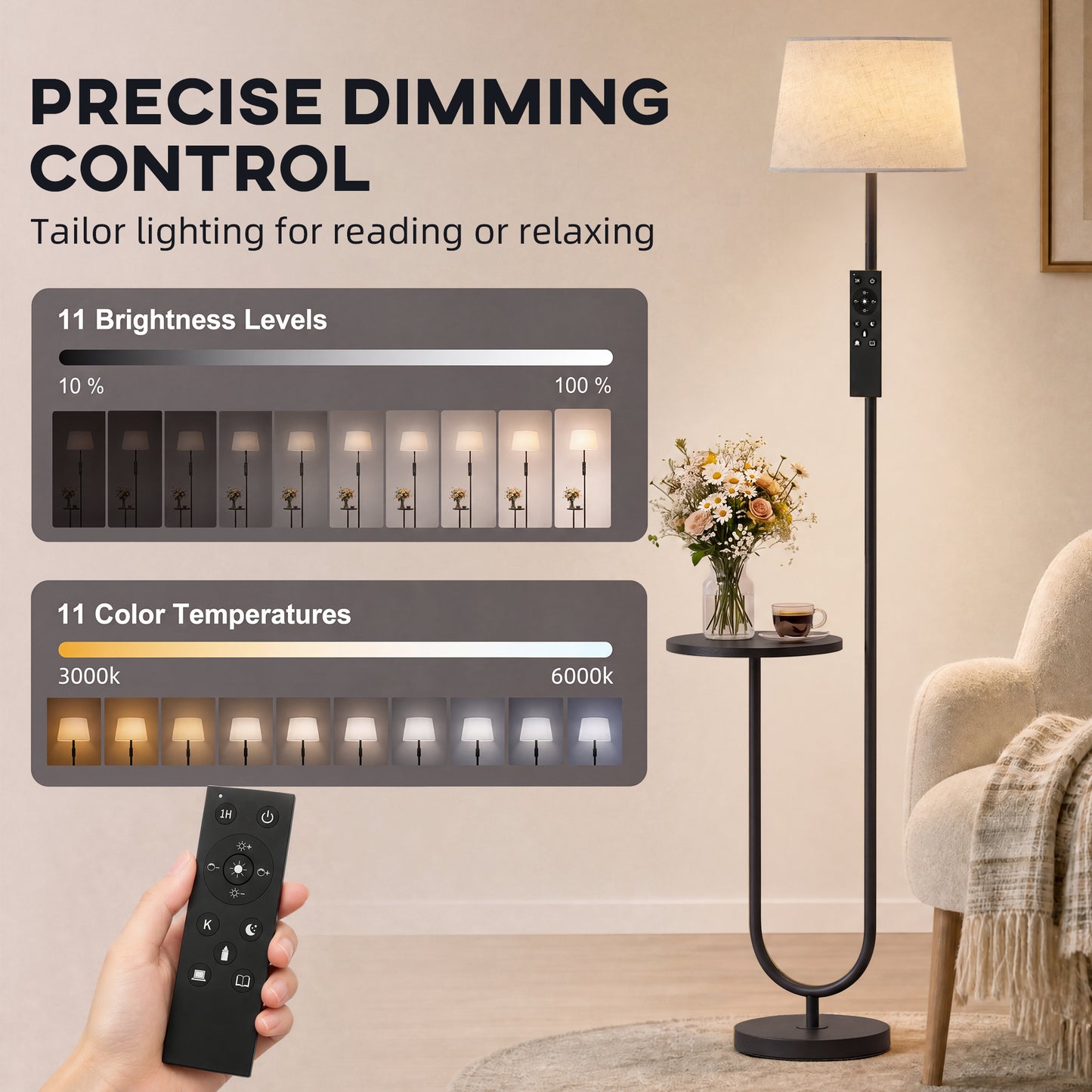 HOMCOM Modern Floor Lamp with Shelf, Dimmable Floor Lamp with Linen Shade, RF Remote and Foot Switch for Living Room, Black