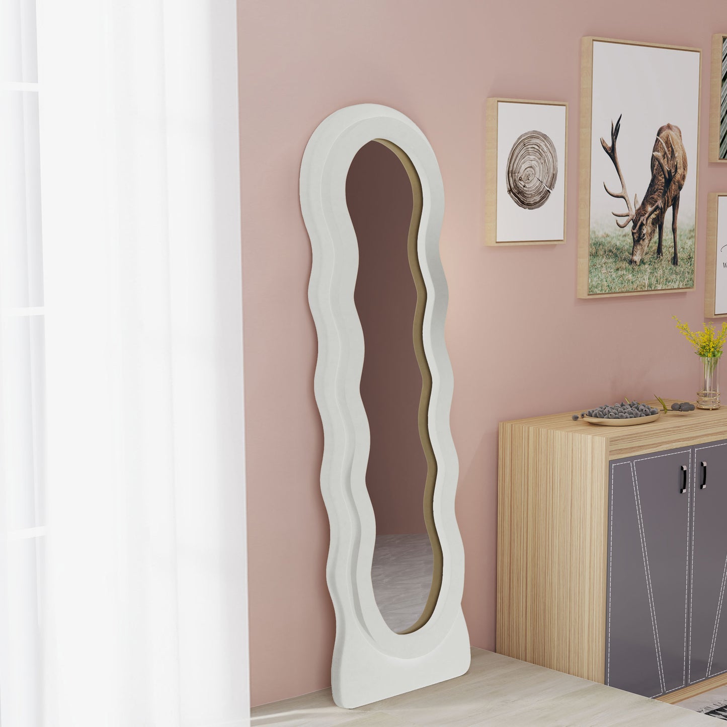 HOMCOM Wavy Velvet-Feel Ripple Full Length Mirror - White
