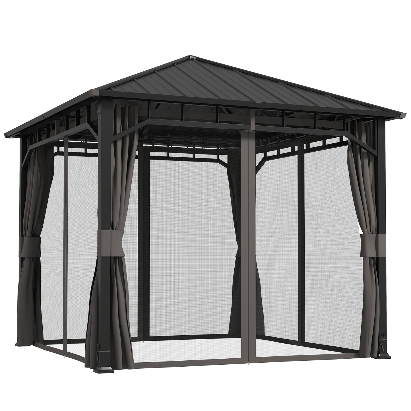 Outsunny Hardtop Gazebo, 3x3m, Steel Roof, Water Gutter, Waterproof Pavilion with Netting/Curtains for Patio/Deck, Garden Gazebo, Black