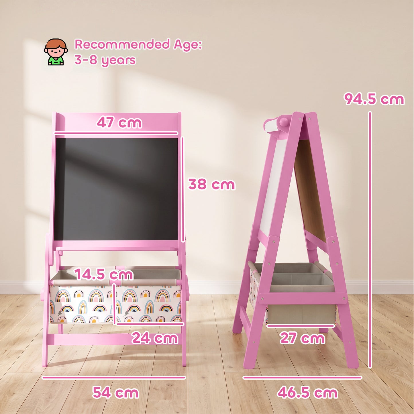 AIYAPLAY Art Easel for Kids, 3-in-1 Kids Easel with Chalkboard, Whiteboard, Paper Roll, Storage, Under-Board Shelf for 3-8, Pink