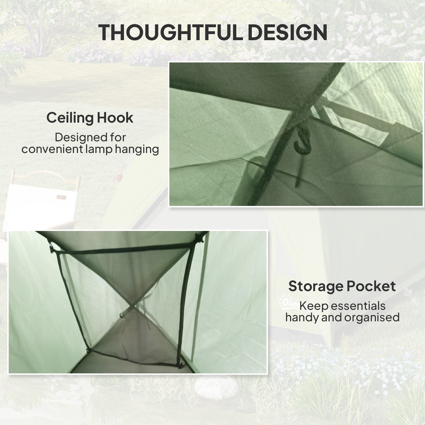 Outsunny 3-4 Person Camping Tent, Easy Set Up, Waterproof Dome, Sewn-in Groundsheet, Mesh Windows, Pocket & Hook for Camping, Olive Green/Grey