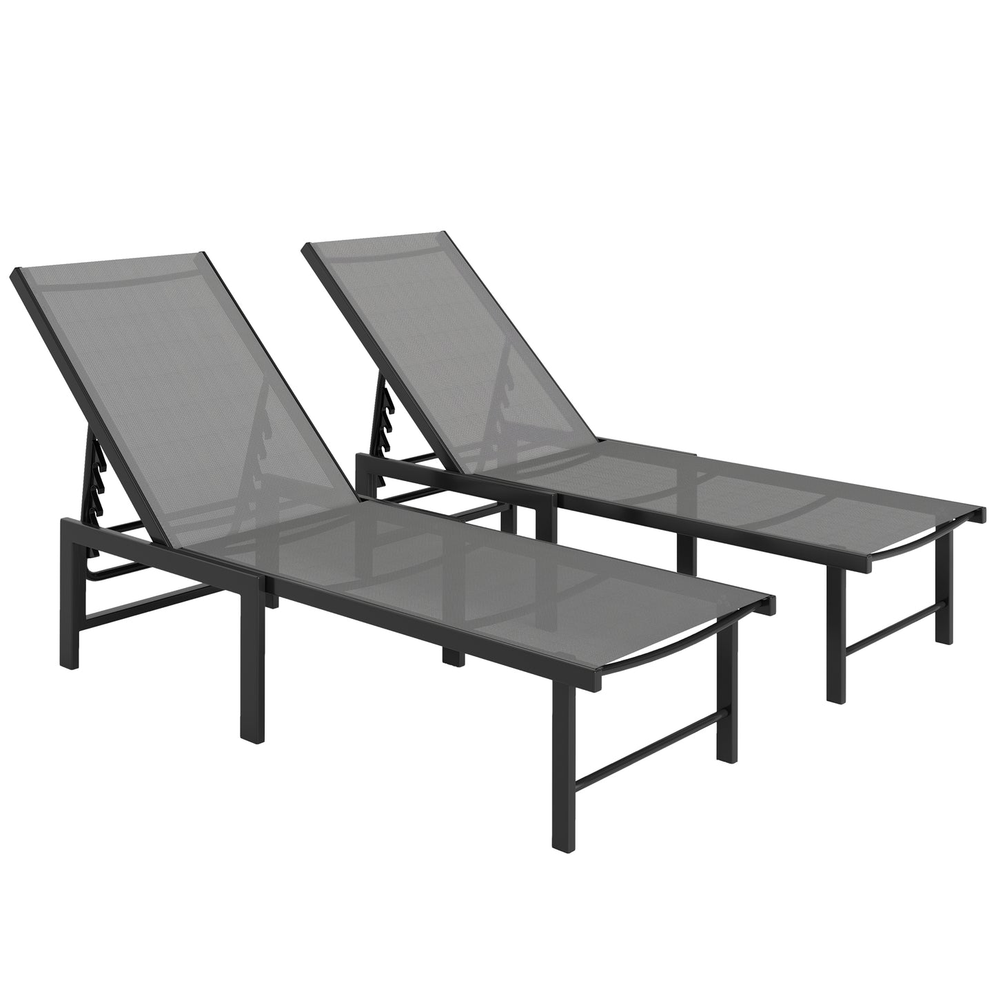 Outsunny Sun Loungers Set of 2, 5-Level Adjustable Reclining Chairs, Flat Sunbed Texteline Seat, Steel Frame for Patio/Beach, Grey