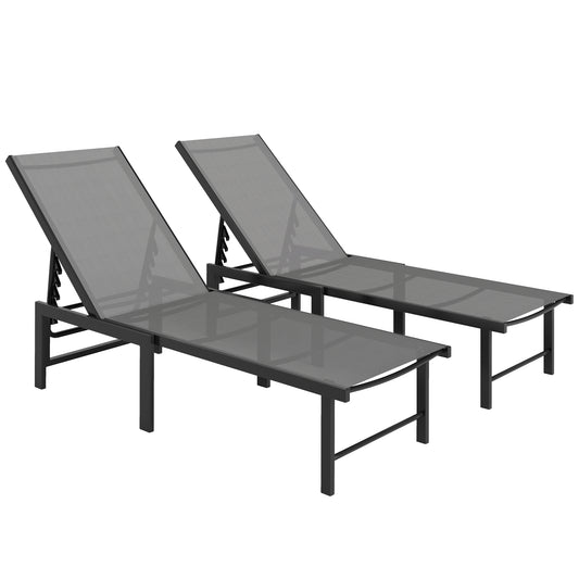 Outsunny Sun Loungers Set of 2, 5-Level Adjustable Reclining Chairs, Flat Sunbed Texteline Seat, Steel Frame for Patio/Beach, Grey