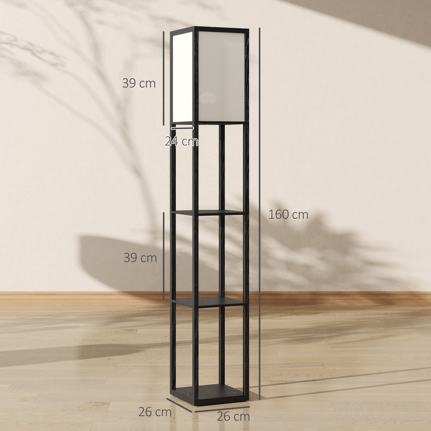 HOMCOM Floor Lamp with Shelves, 3 Layer Column Modern Standing Lamp for Living Room, Bedroom, Office, Bulb not Included, Black