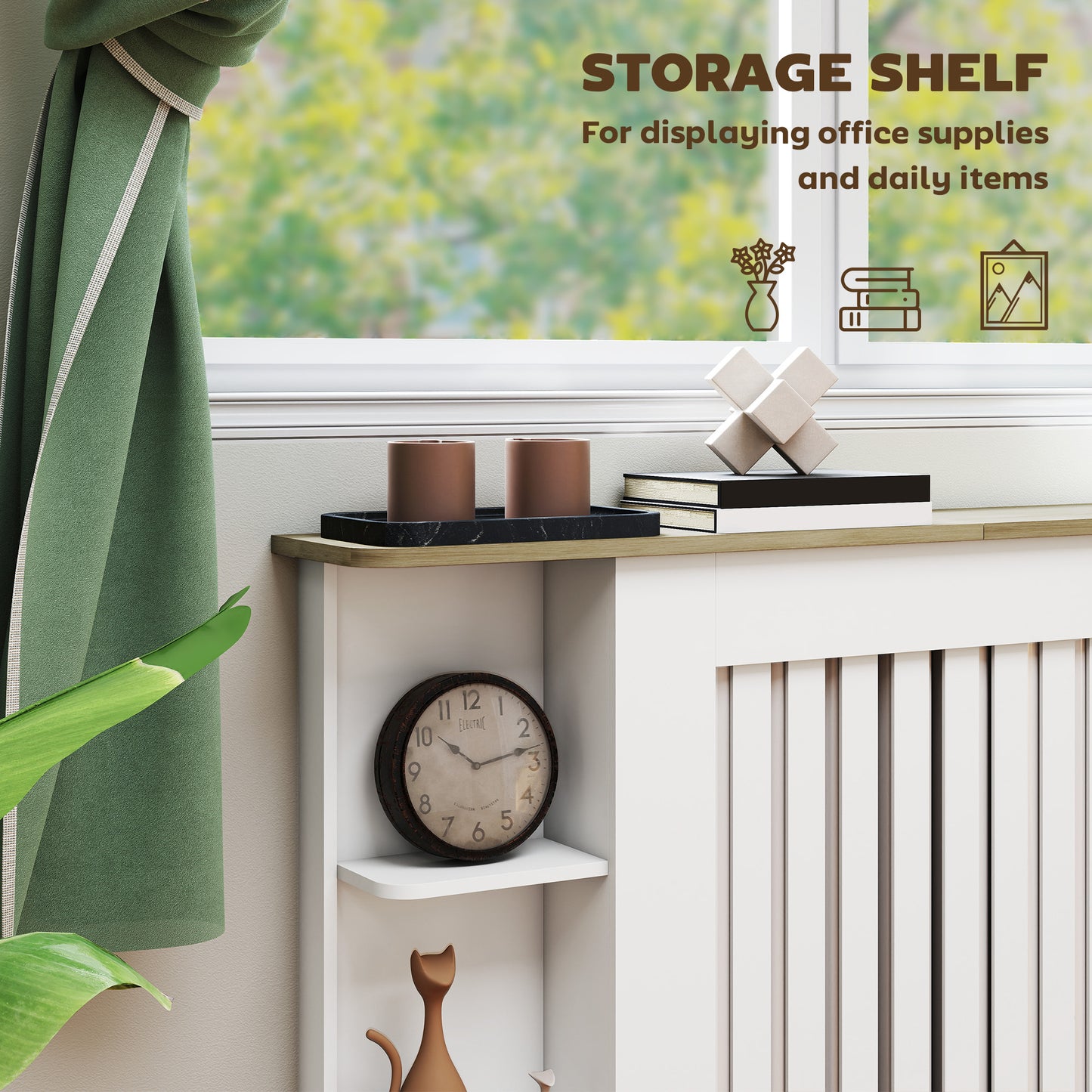 HOMCOM Radiator Cover with Open Storage Shelves, Vertical Slatted Cabinet Shelf for Living Room, Hallway, Medium, White (H: 83/W: 124/D: 19 cm)