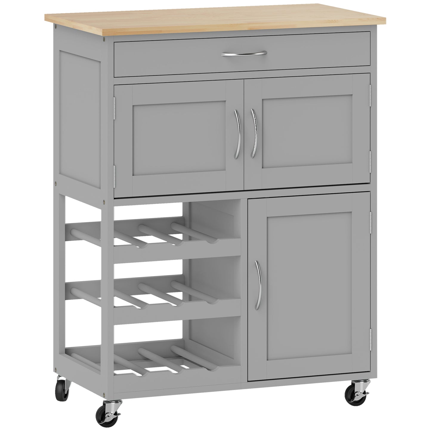 HOMCOM Modern Kitchen Trolley, Rolling Island Storage Cart with Drawer, 9-bottle Wine Rack, Door Cabinets, Wooden Countertop, Grey