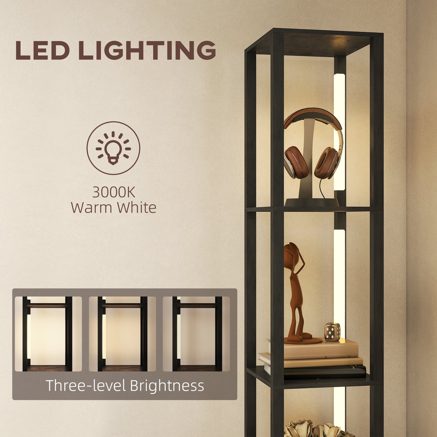 HOMCOM Floor Lamp with Shelves, LED Modern Standing Lamp, Fabric Drawer, Adjustable Brightness, Foot Switch for Living Room, Bedroom, Office, Black