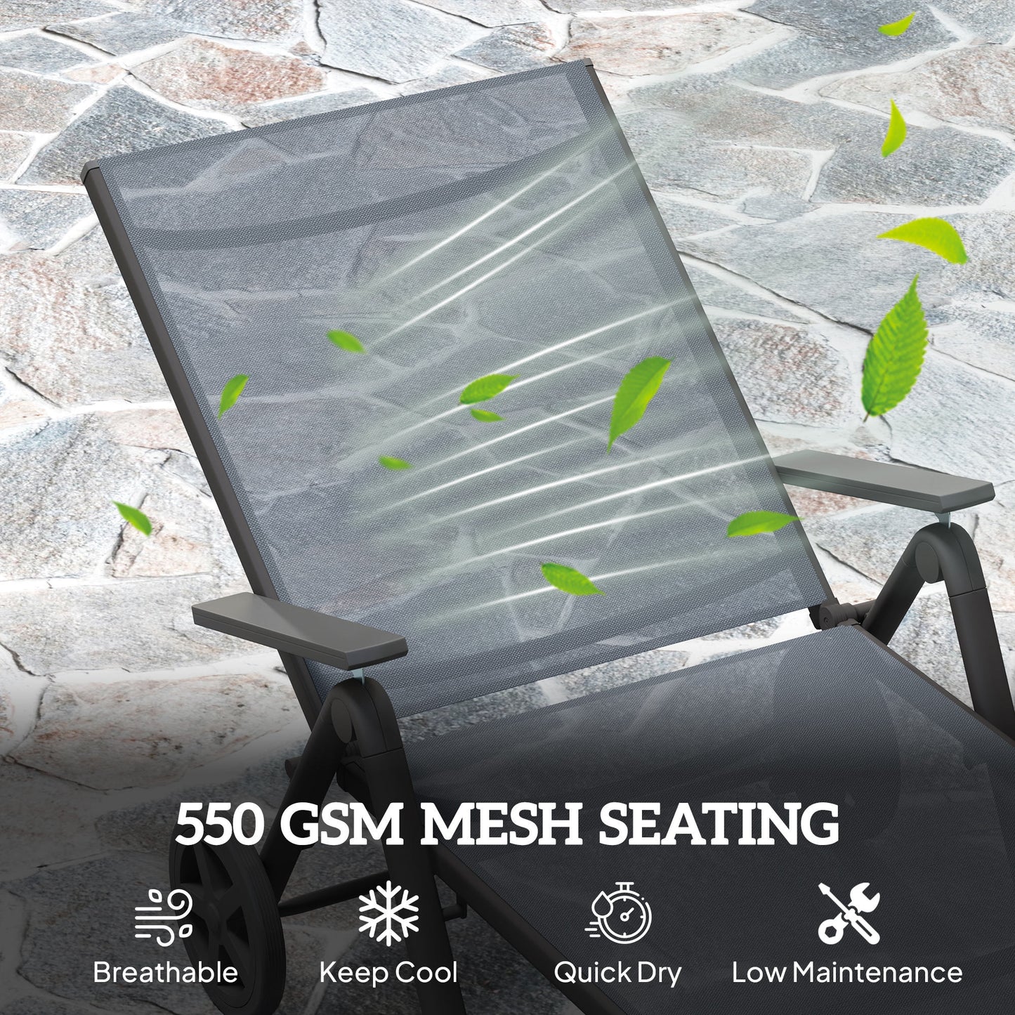 Outsunny Folding Sun Lounger with Wheels, 5-Position Adjustable Reclining Chair, Metal Frame, Armrests, Portable for Beach/Porch, Grey