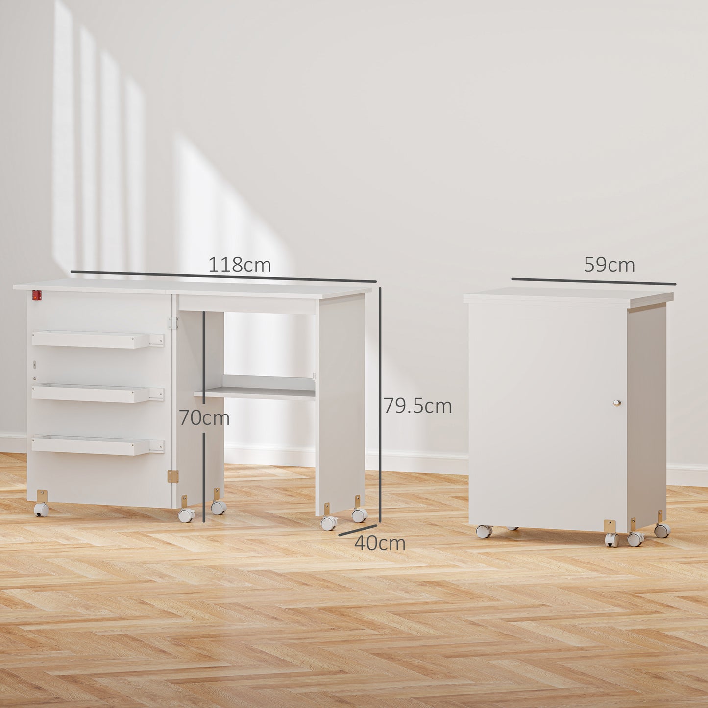 HOMCOM Folding Sewing Table, Drop Leaf Design, Storage Bins & Rolling Wheels, White