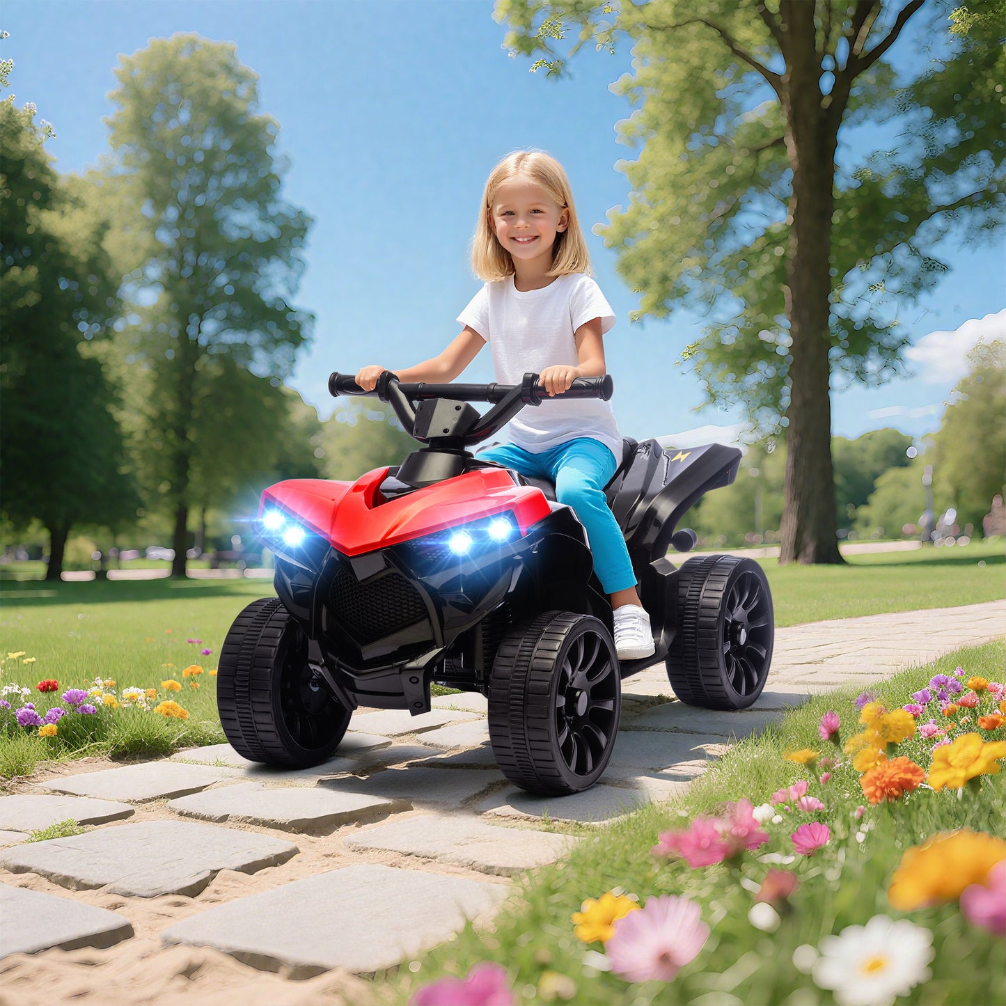 AIYAPLAY 6V Kids ATV, 4 Wheeler Electric Ride on Car with Music and LED Headlights, for Ages 3-8 Years Boys and Girls, Red