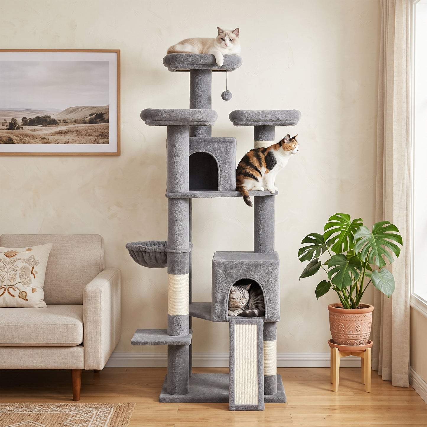 PawHut 184cm Large Cat Tree for Indoor Cats, Multi-Level Tall Kitty Tower with 3 Scratching Posts, 2 Condos, 3 Padded Beds