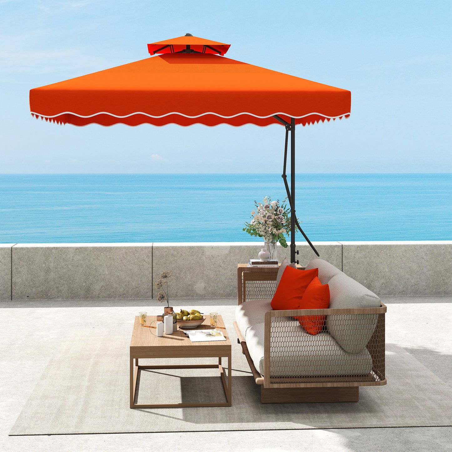 Outsunny 2.5m Cantilever Parasol, Square Double Top Garden Umbrella with Ruffles, Cross Base, Overhanging Sun Shade, Orange