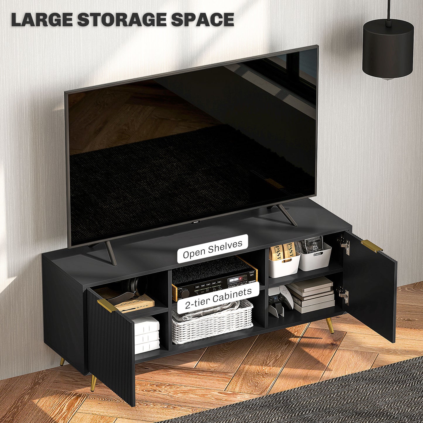 HOMCOM Modern TV Stand for TVs up to 55", 2 Cabinets, Cable Management, Black