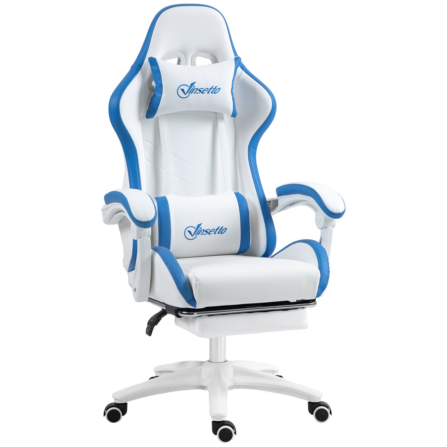 Vinsetto Racing Gaming Chair, Reclining PU Leather Computer Chair with 360 Degree Swivel Seat, Footrest, Removable Headrest and Lumber Support, White and Blue