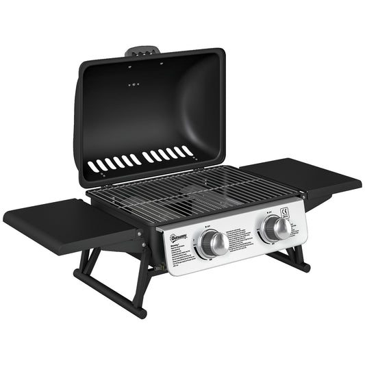 Outsunny 2 Burner Gas BBQ Grill with Foldable Side Tables, Built-in Thermometer, Lid, Grease Tray for Outdoor Cooking, 5.6KW, Black