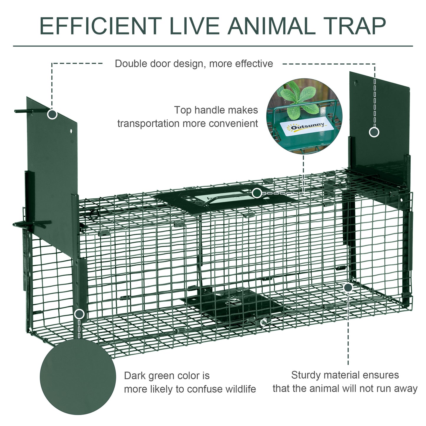 Outsunny Humane Rat & Squirrel Trap, Double Doors, Live Cage for Catch & Release of Mice, Rats, Rodents, Indoor/Outdoor, 60x18x20cm, Green