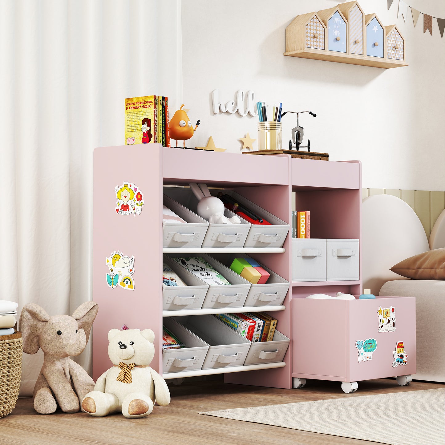 AIYAPLAY Kids Toy Storage Unit with 11 Bins, Cabinet, Top Shelves, 3 Stickers, for Nursery, Playroom, Pink