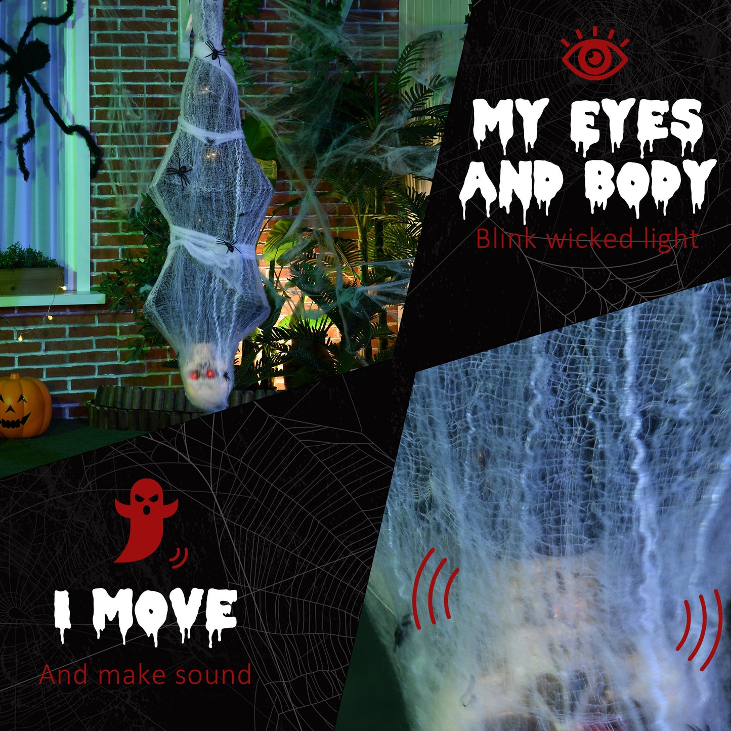 HOMCOM 4.7ft Outdoor Halloween Hanging Mummy with Sound, Motion Activation, Light-Up Eyes, Posable Arms, Moving Body, Spider Web - Life Size, White