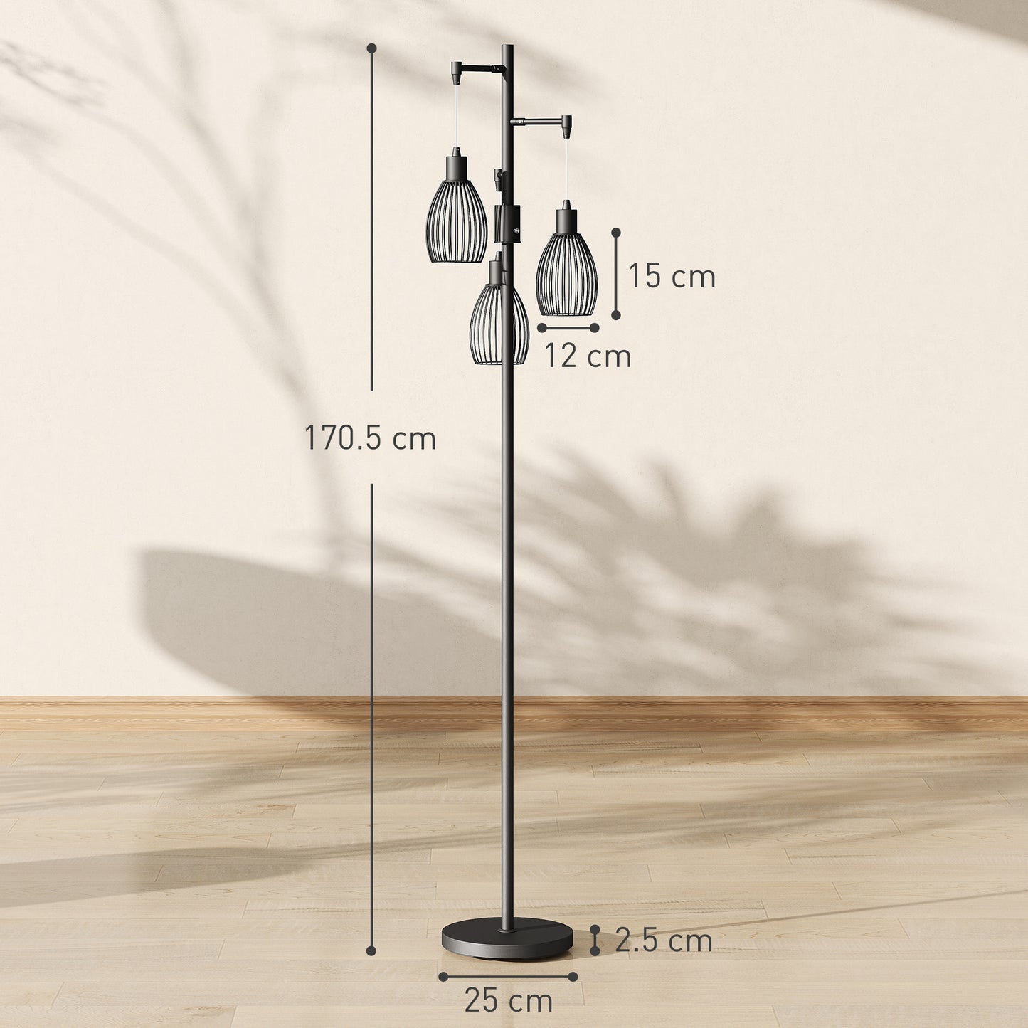 HOMCOM 3-Light LED Floor Lamp, 170cm Industrial Dimmable with Steel Wire Cage Lampshades, 2700K for Living Room, Bedroom, Black
