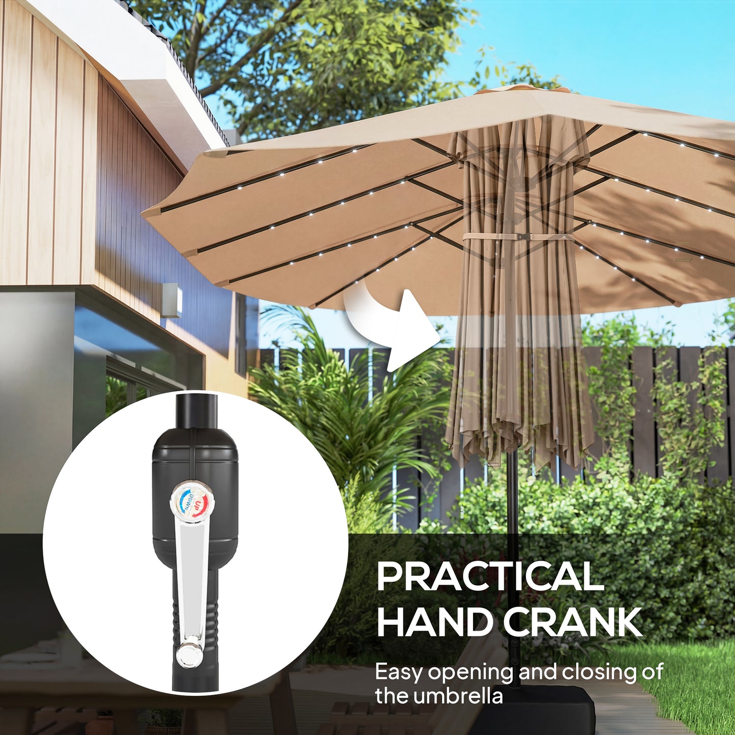 Outsunny Patio Umbrella Double-Sided Outdoor Umbrella with Solar Lights Base, Khaki