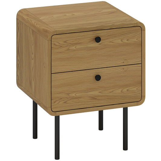 HOMCOM Bedside Table with 2 Drawers and Steel Legs - Oak