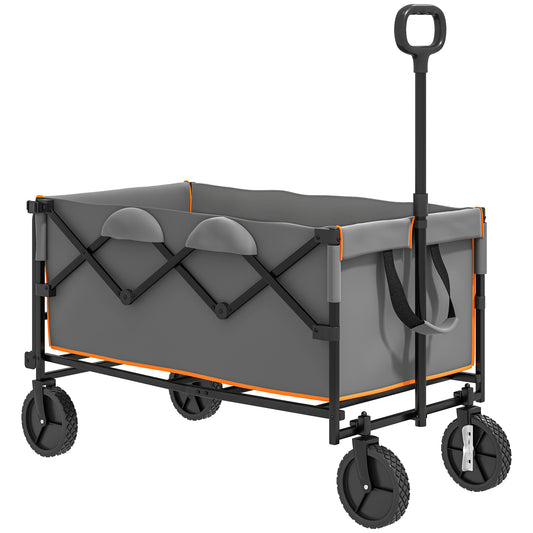 Outsunny 160L Festival Trolley on Wheels, Folding Camping Cart w/Tailgate, 100kg Heavy Duty Wagon w/Adjustable Handle, Carry Bag, Grey/Orange