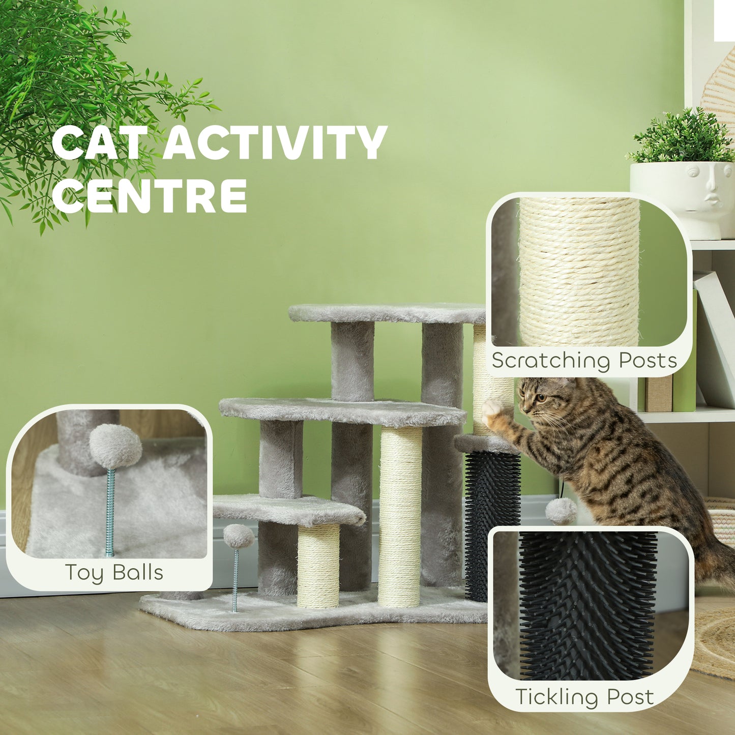 PawHut Cat Tree 2 in 1 Pet Stairs w/ Scratching Tickling Post, Toy Balls, for Bed, Sofa, Couch, Light Grey