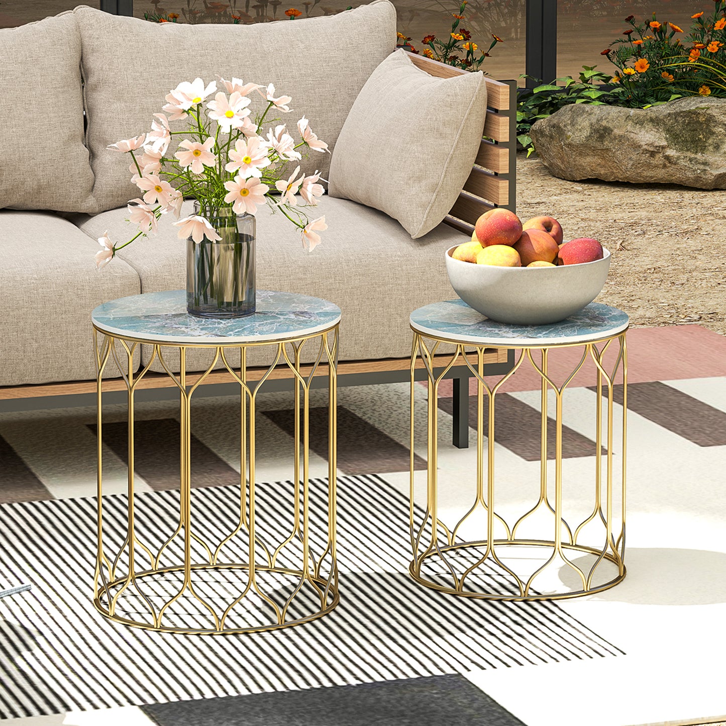 Outsunny Garden Side Tables Set of 2, Nesting, Ceramic Tile Top, Indoor/Outdoor Metal Frame, Multicoloured