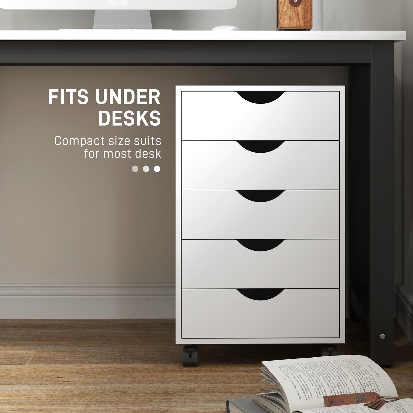 HOMCOM 5 Drawer Mobile Filing Cabinet, Vertical File Cabinet, Modern Rolling Office Storage Organizer Cupboard, White