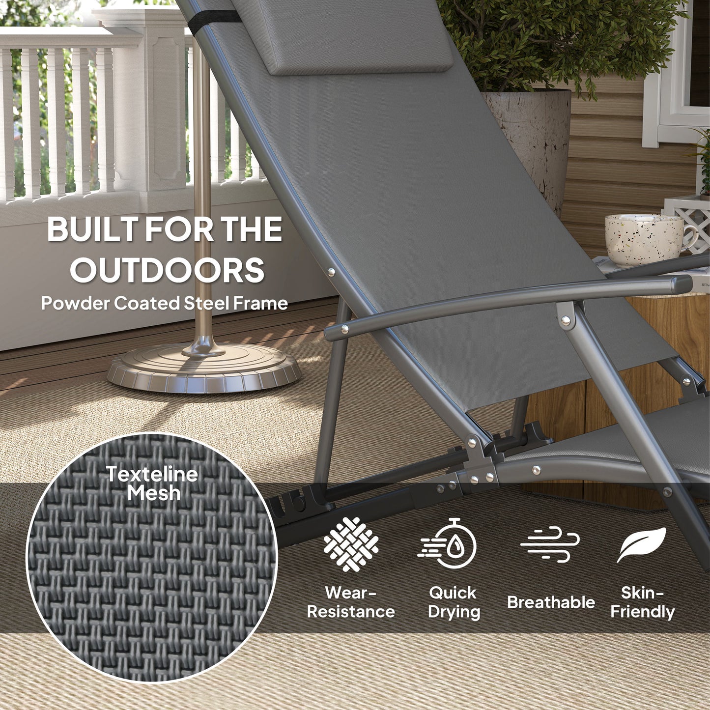Outsunny Set of 2 Folding Sun Loungers, 4-Position Adjustable Outdoor Chairs with Armrests, Pillows, Grey