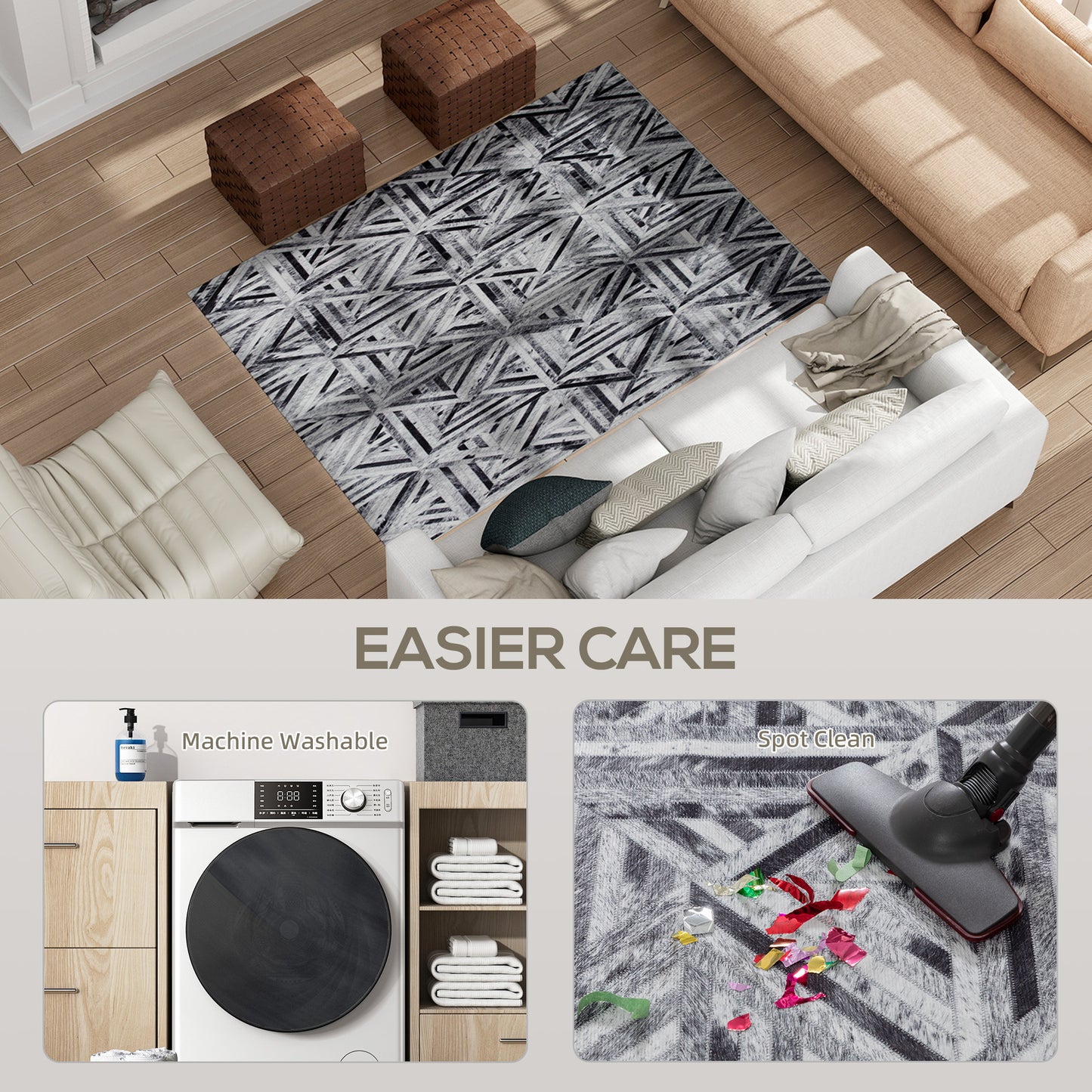 HOMCOM Modern Area Rug, Triangle Pattern, Non-Slip Washable Chenille Carpet for Living Room, Bedroom, Dining, Home Office, 170x120 cm, Black