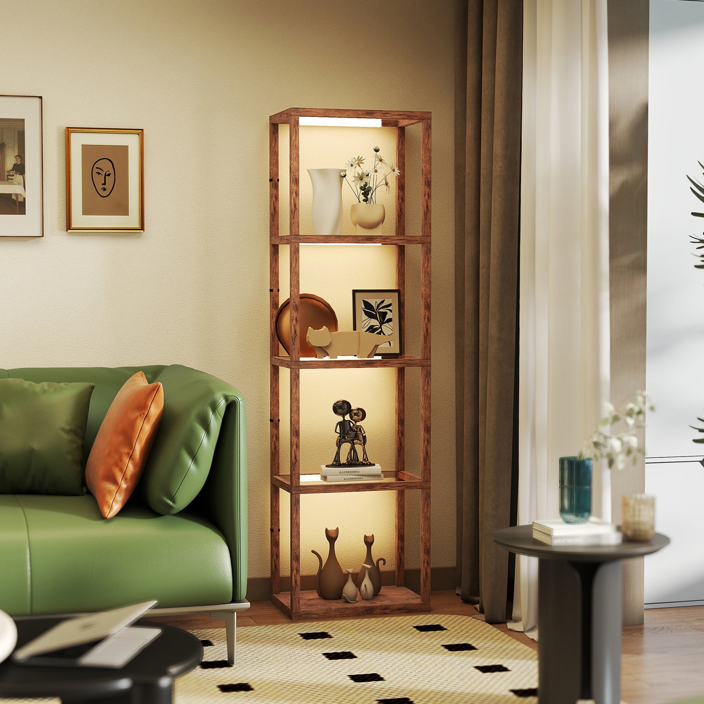 HOMCOM LED Floor Lamp with Glass Shelves, Dimmable 4-Layer Modern Standing Lamp for Living Room, Bedroom, Office, Rustic Brown