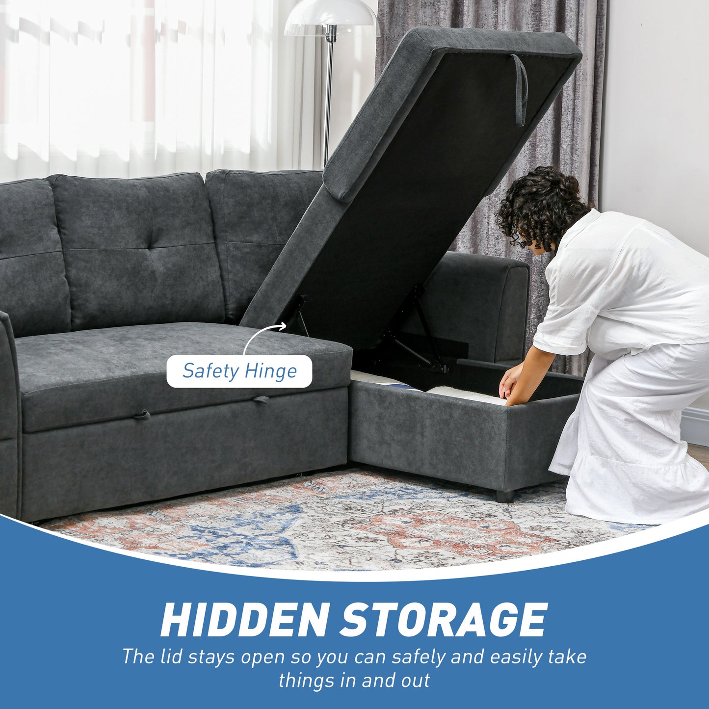 HOMCOM 3 Seater Sofa Bed, L-Shaped Corner Sofa, Pull Out Sofa with Storage Dark Grey