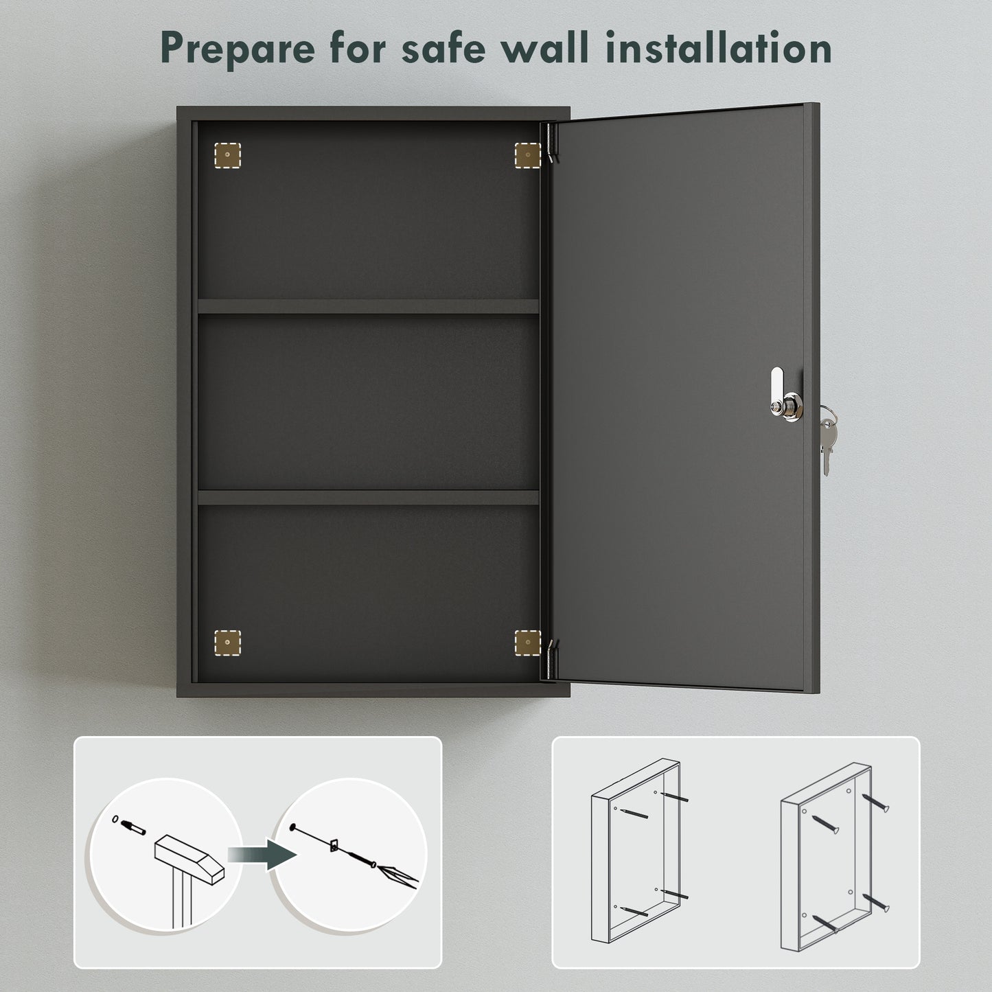 kleankin 3-Tier Steel Wall Mount Medicine Cabinet, First Aid Cabinet Lockable with 2 Keys for Bathroom and Kitchen, Black