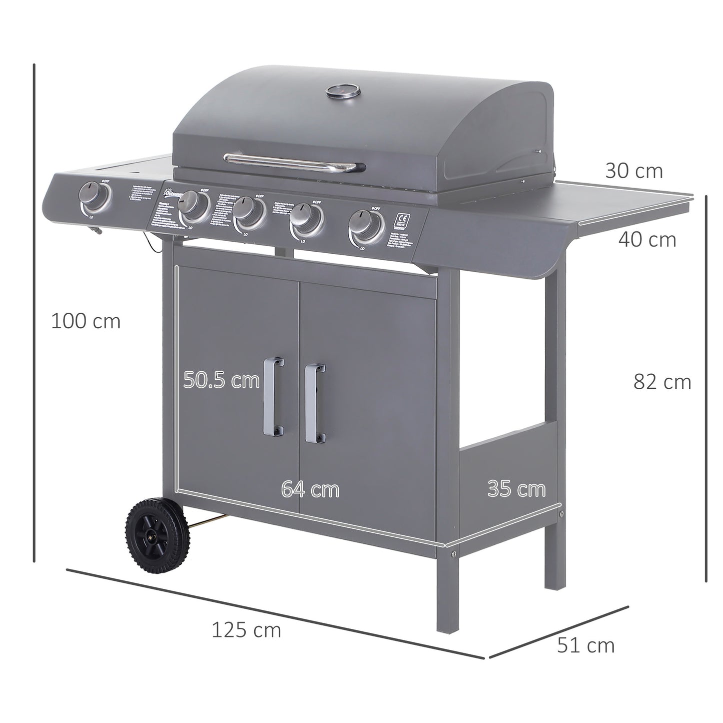 Outsunny 4+1 Burner Gas BBQ Grill, Trolley with Wheels, Warming Rack, Side Shelves, Thermometer, Grey