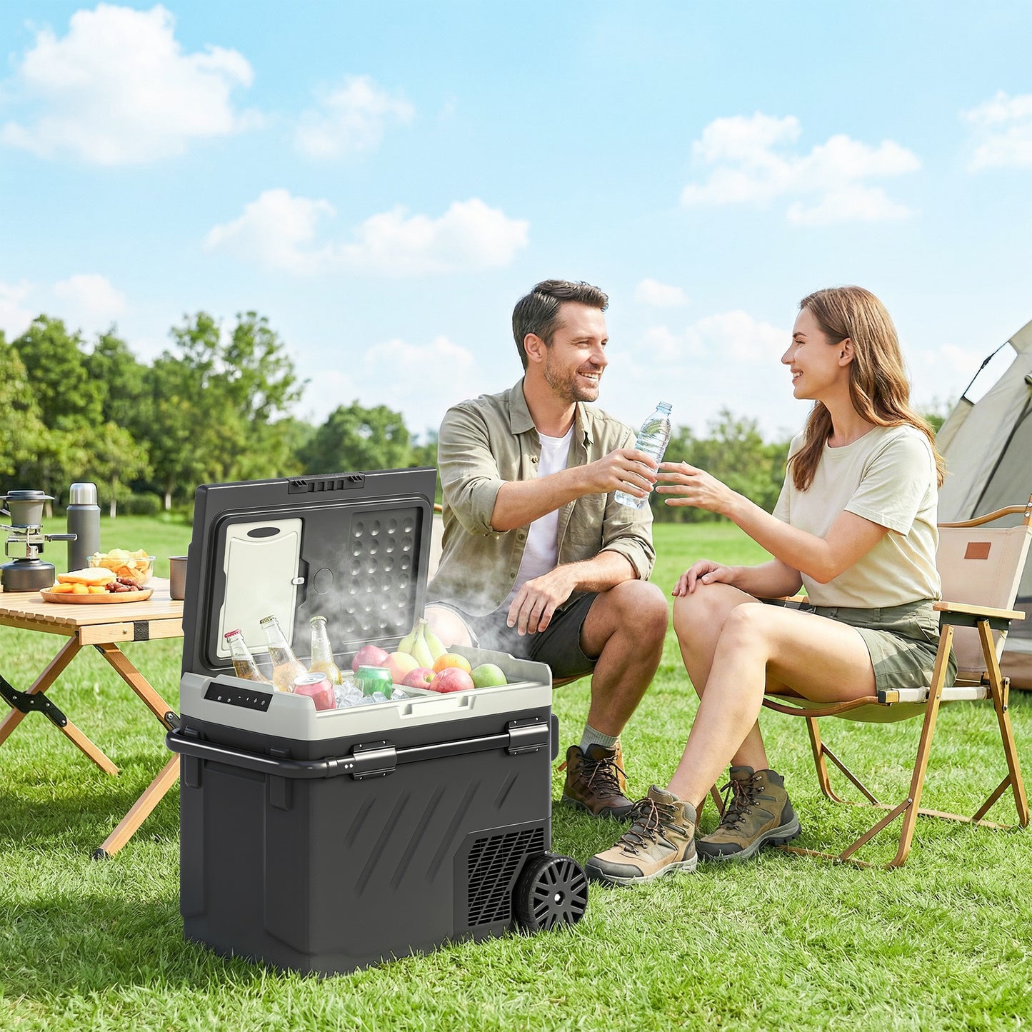 Outsunny 49L Compressor Car Fridge Freezer, Dual Zone Camping Refrigerator with App Control, Telescopic Handle, -20°C-20°C