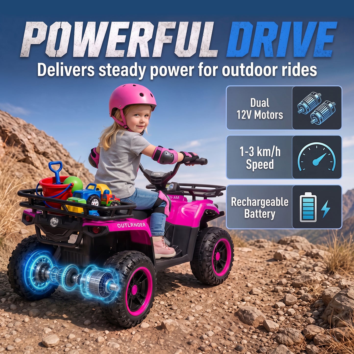 AIYAPLAY 12V Kids Electric Quad Bike, Ride on ATV with Dual Motors, Soft Start, Storage, Music, Lights for 3-8 Years, Pink