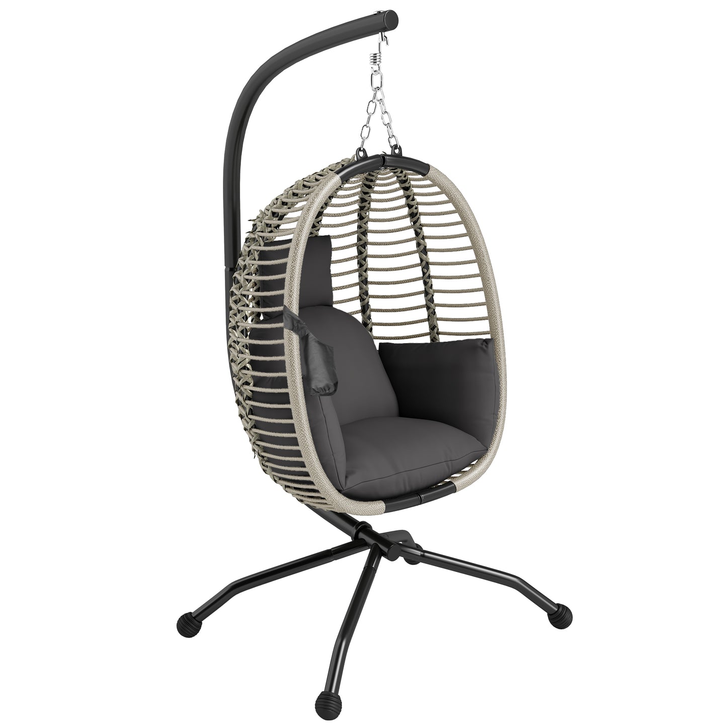 Outsunny Outdoor Swing Chair with Cushion & Metal Stand, Foldable Basket, Cup Holder, Dark Grey
