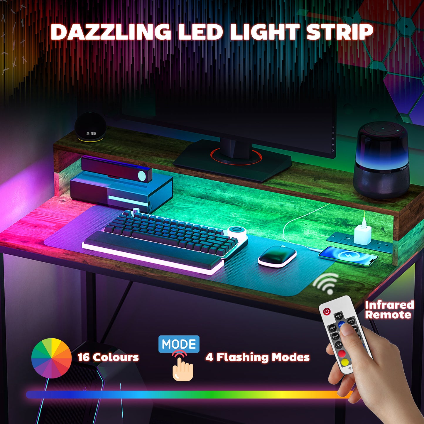 HOMCOM Gaming Desk with LED Lights, Monitor Stand, Power Outlets, Rustic Brown