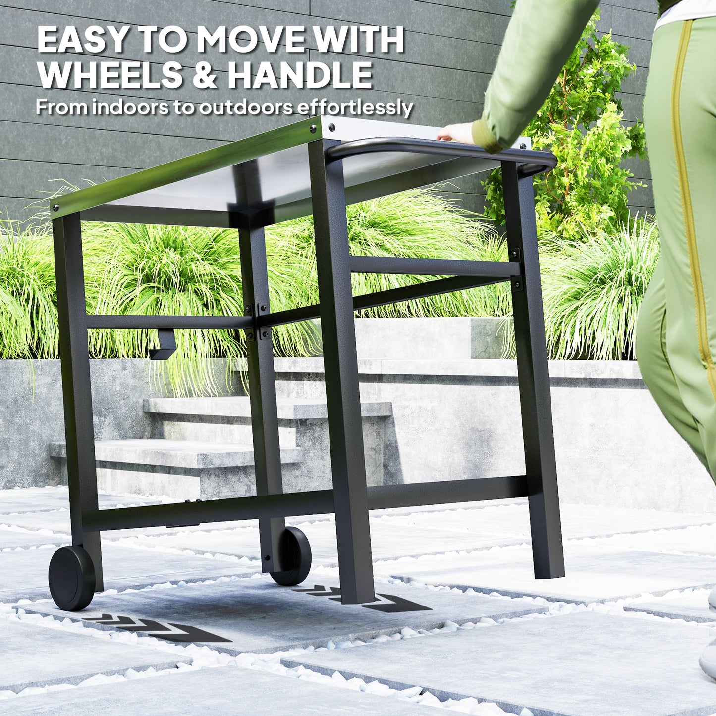 Outsunny Outdoor Grill Dining Cart, 2-Shelf Pizza Oven Table with Stainless Steel Top, BBQ Trolley Station with Hooks, Wheels, Handle, Charcoal Grey