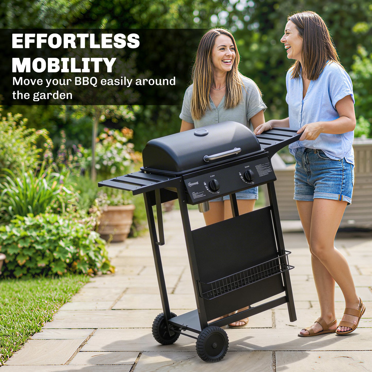 Outsunny Gas Burner Barbecue Grill, 2 Burner Gas Grill with Side Tables, Warming Rack, Shelf, Thermometer, Grease Tray, Black