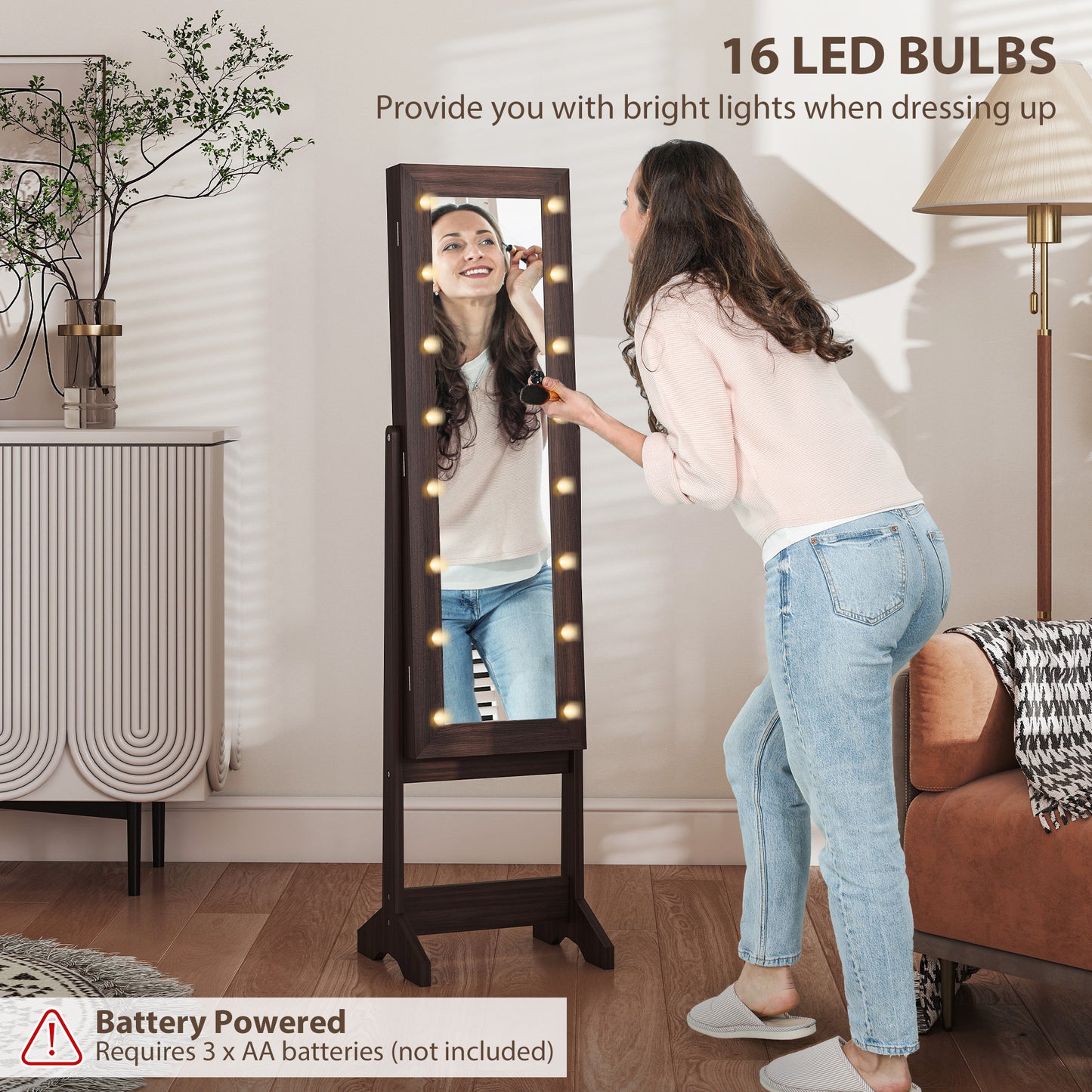 HOMCOM Freestanding Mirror Jewelry Cabinet with LED Lights, Adjustable Angles, Storage for Earrings, Necklaces, Rings, Lipsticks, Dark Brown